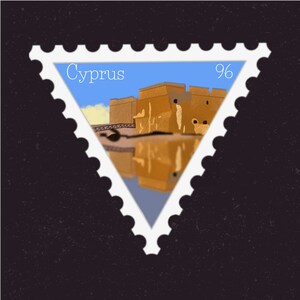 May include: A white triangle-shaped postage stamp with a blue sky and a brown building in the background. The stamp says "Cyprus" and "96" in white text.