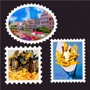 Belgium Travel Stamp Sticker | Western Europe, Brussels, Flanders, Belgium Fries| Destination & Vacation Decal | Suitcase, Laptop, Scrapbook