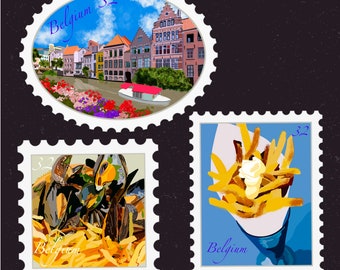 Op de afbeelding: Drie vintage postzegels met het woord "België" en het nummer "32" erop gedrukt. De eerste postzegel toont een kleurrijke illustratie van een kanaal met gebouwen en boten. De tweede postzegel toont een stapel mosselen en friet. De derde postzegel toont een portie friet met mayonaise.
