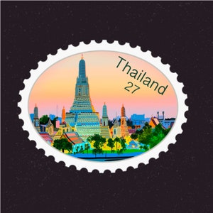 Thailand Travel Stamp Sticker |  Bangkok, Wat Arun, Emerald Buddha Temple (Wat Phra Kaew)| Destination Vacation Decal | Suitcase, Laptop