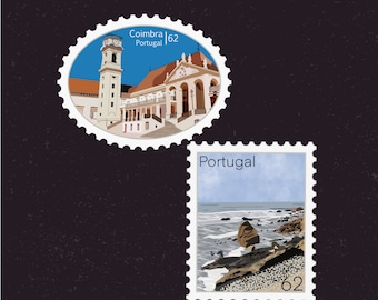 Portugal Travel Stamp Sticker | Universidade Coimbra, Praia Sao Pedro de Joel | Destination and Vacation Decal | Suitcase, Laptop, Scrapbook