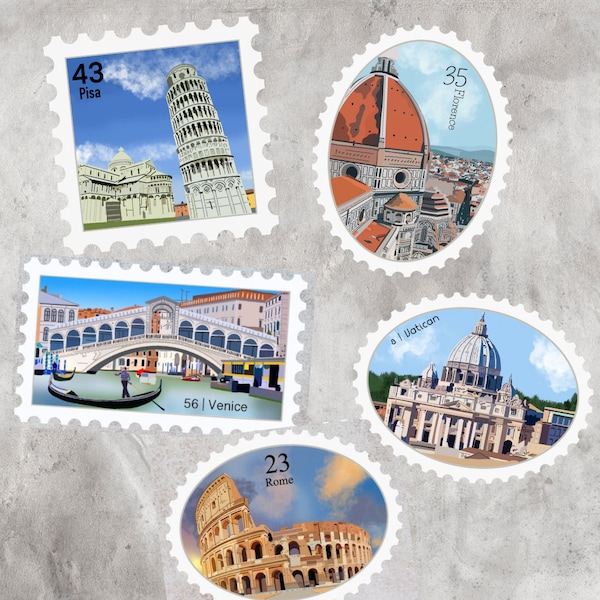 Italy Travel Stamp Sticker | Leaning Tower, Colosseum, Venice, Florence, Vatican| Destination & Vacation Decal | Suitcase, Laptop, Scrapbook