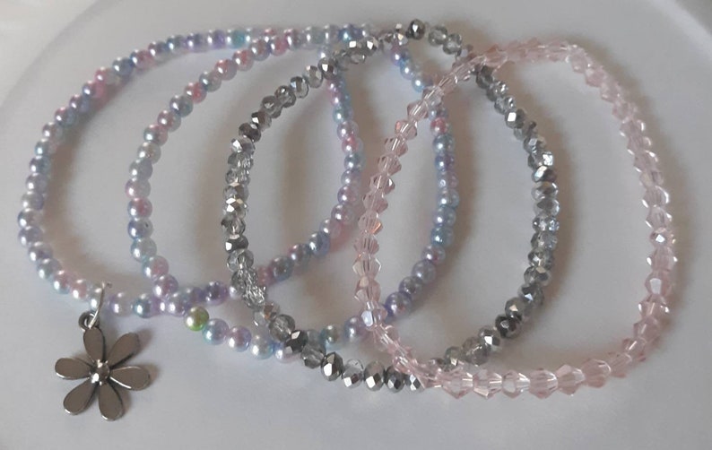 Cute Silver and Pretty Pastels Flower Stacking Tiny Beaded 4 Bracelet Set