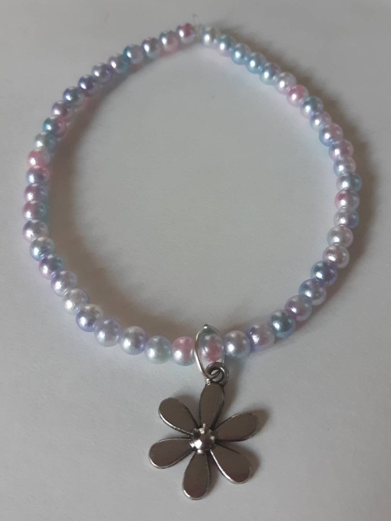 Cute Silver and Pretty Pastels Flower Stacking Tiny Beaded 4 Bracelet Set