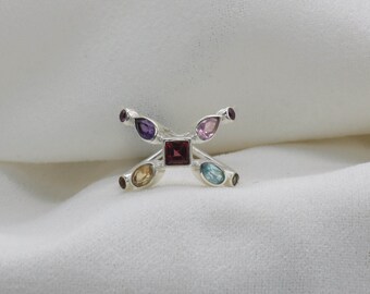 8 Topaz Amethyst 925 Sterling Silver Natural Yellow Citrine Multi Gemstone Cross design elegant Ring Size UK P USA