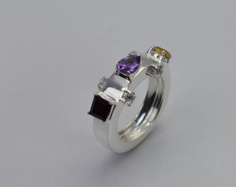 8 Topaz Amethyst 925 Sterling Silver Natural Yellow Citrine Multi Gemstone Cross design elegant Ring Size UK P USA
