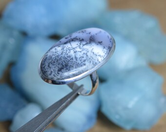 Dendritic Opal Cabochon Gemstone Sterling Silver Statement Ring Natural Stone Opal Gemstone Ring Unique Gift for Wife LynnsGemCreations
