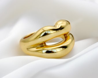 18Kt gouden vermeil 925 sterling zilveren ring | Gouden kusring | Liefdesring | Hedendaagse statement ring