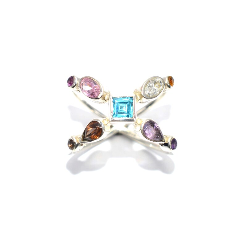 8 Topaz Amethyst 925 Sterling Silver Natural Yellow Citrine Multi Gemstone Cross design elegant Ring Size UK P USA