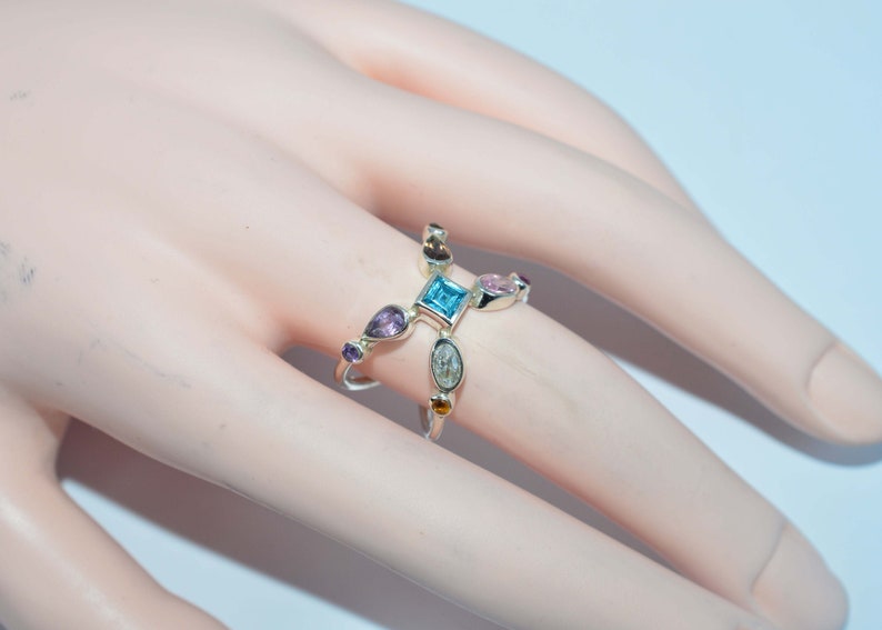 8 Topaz Amethyst 925 Sterling Silver Natural Yellow Citrine Multi Gemstone Cross design elegant Ring Size UK P USA