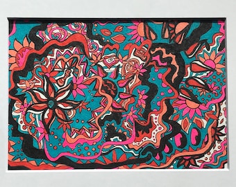Original Drawing | 8X10 mat | 5x7in Drawing | Marker on Watercolor Paper | One of a Kind | Marker Drawing | Flowers | Suns