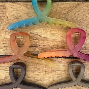 Puede incluir: Cinco pinzas para el pelo de diferentes colores, incluyendo azul, naranja, rosa, marrón y gris. Las pinzas están hechas de plástico y tienen una forma curva única.