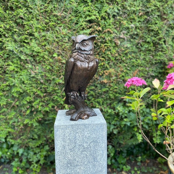 Hibou en bronze sur tronc - Statue de jardin - Décoration de jardin - Maison - Bureau - 20x17x42cm - 6Kg