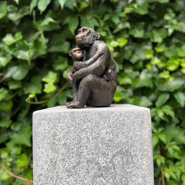 Bronzeaffe mit Baby – Schimpanse – Afrika – Skulptur – Gartenkunst – Inneneinrichtung – Büro – Gartenstatue – 17 x 8 x 9 cm – 2,2 kg
