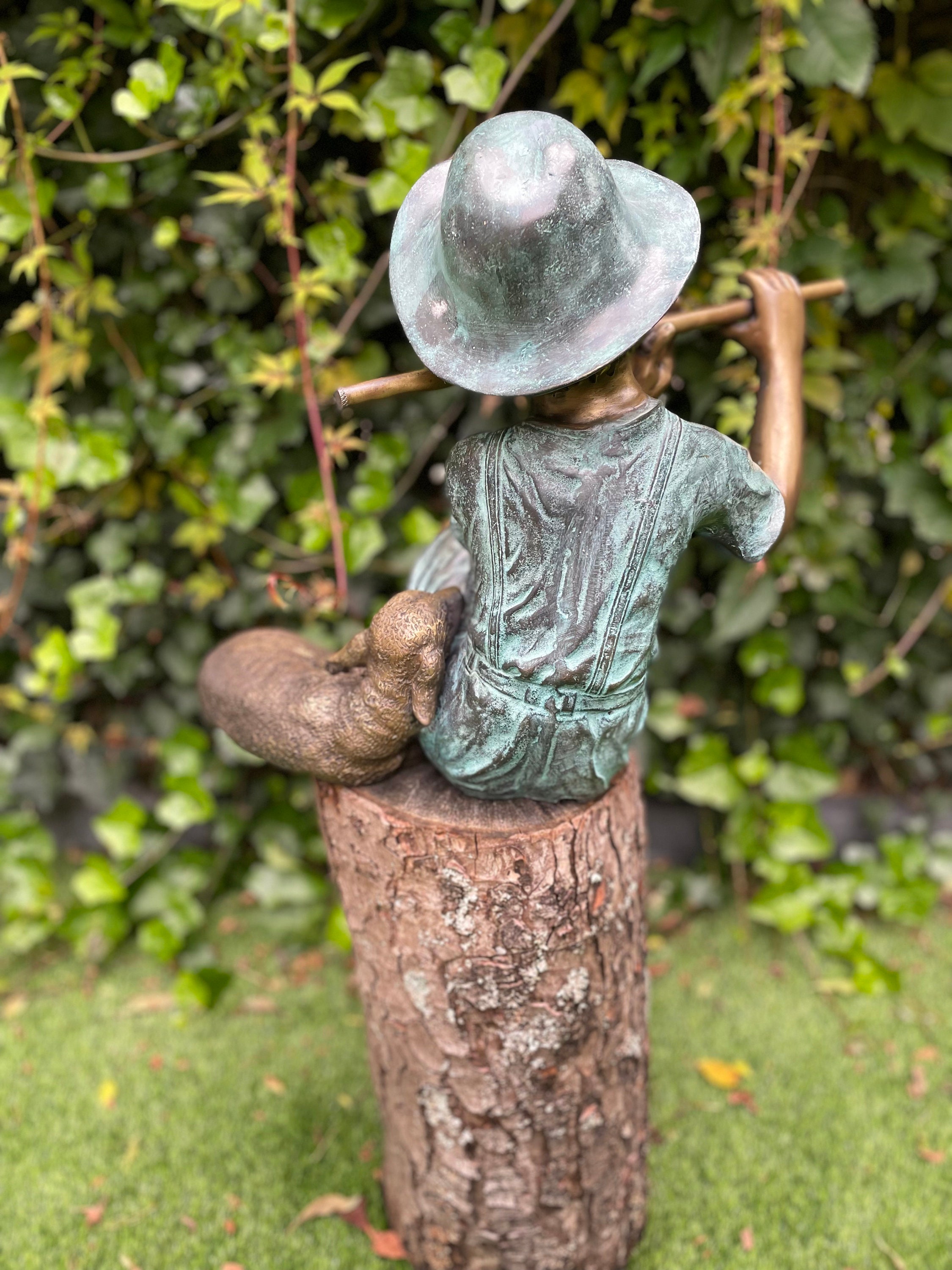 Bronze Flute Player Child With a Lamb-garden Statue Garden