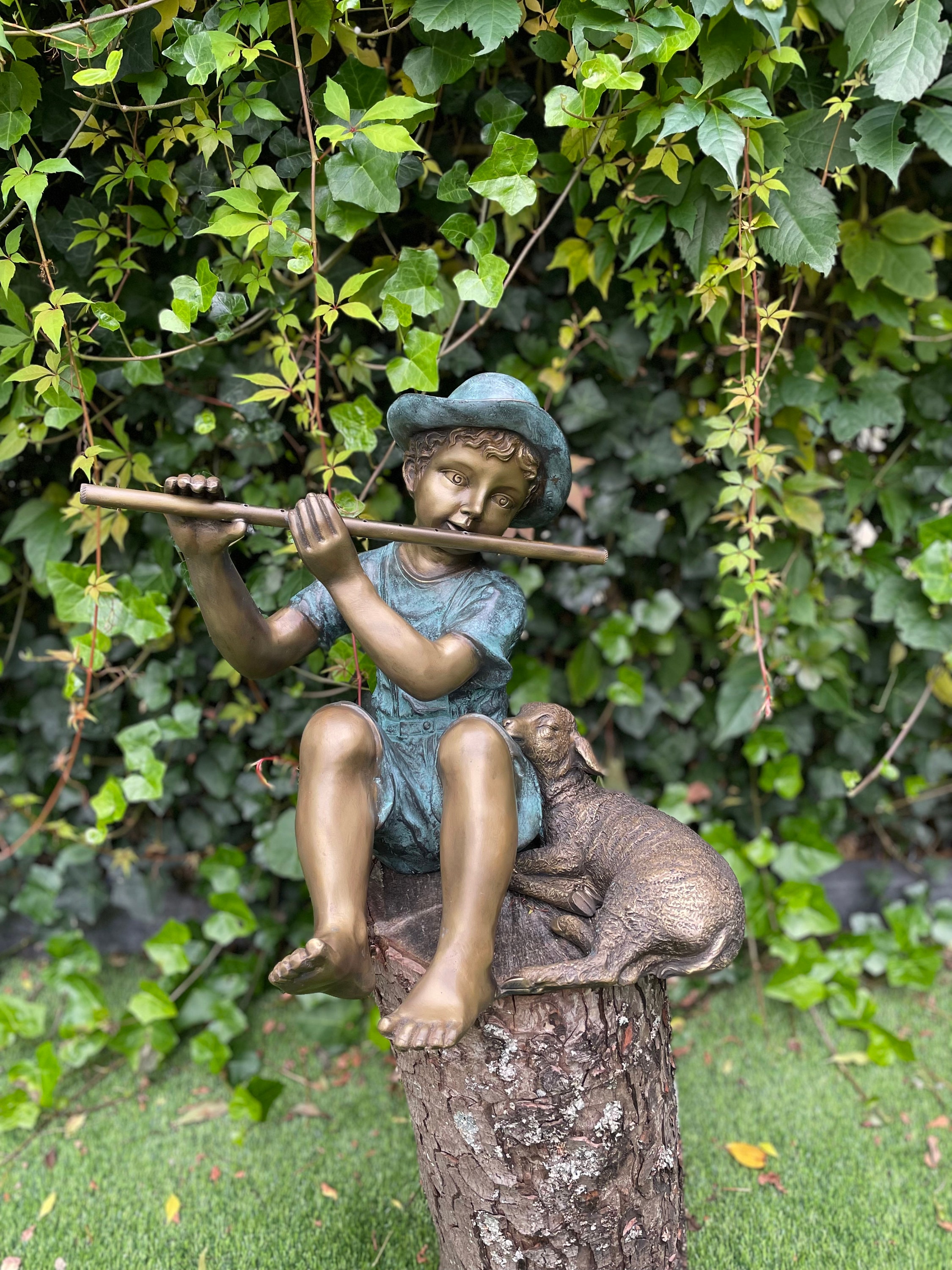 Bronze Flute Player Child With a Lamb-garden Statue Garden