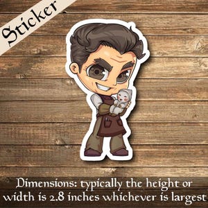 May include: A sticker featuring a cartoon illustration of a man with brown hair and a brown mustache holding a small white cat. The man is wearing a brown apron and a white shirt. The sticker is approximately 2.8 inches in size.