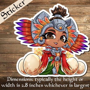 Peut inclure: Un autocollant découpé représentant un personnage de dessin animé portant une coiffe à plumes grise et orange et une armure, debout entre quatre œufs tachetés. Le personnage a des cheveux foncés en chignon. L'autocollant mesure 7,1 cm de haut ou de large.