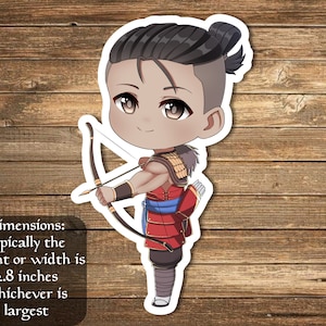 May include: A cartoon illustration of a person with brown skin, black hair, and brown eyes. They are wearing a red and blue outfit and holding a bow and arrow. The image is a sticker with a white border. Dimensions: typically the height or width is 2.8 inches whichever is largest.