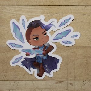 May include: A sticker of a cartoon character with blue and purple hair, brown skin, and a blue and white outfit. The character is holding a blue and white sword and is surrounded by blue and white lightning bolts.