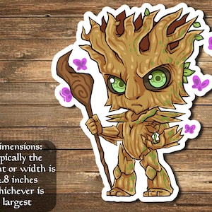 May include: A cartoon tree creature with green eyes and a grumpy expression. The creature is holding a wooden staff and is surrounded by purple butterflies. The image is a sticker with a white border and a woodgrain background.