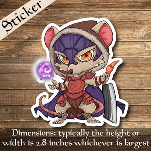 May include: A sticker featuring a cartoon mouse warrior with a purple helmet and cape, holding a sword and a glowing purple orb. The sticker has the word "Sticker" and the dimensions are typically 2.8 inches.