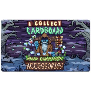 May include: A rectangular playmat featuring a cartoon wizard with a long white beard and blue skin, wearing a brown hooded robe. The mat has the text "I COLLECT CARDBOARD AND CARDBOARD ACCESSORIES" in a green and brown font, with a spooky forest background.