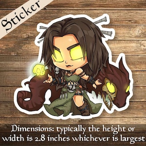 May include: A sticker featuring a cartoon illustration of a female character with green eyes and brown hair. She is wearing a green and brown outfit and holding a skull. The character is standing on a brown creature with a skull-like head. The sticker is approximately 2.8 inches wide.