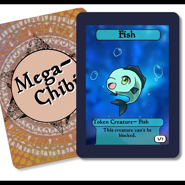 Fish 1/1 Can't be blocked singles for  alter art, Edh,standard,commander,vintage,and modern-cute af-mega chibi