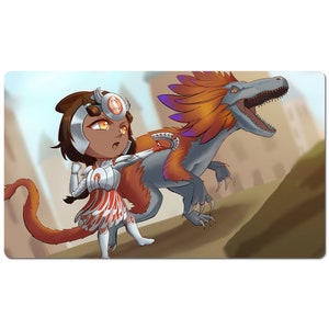 May include: A cartoon illustration of a woman with brown skin wearing a silver and red outfit riding a blue and orange dinosaur with a large mouth.