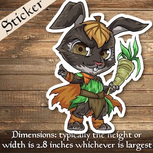 Peut inclure: Autocollant représentant un lapin guerrier de dessin animé avec une fourrure brune, portant une armure verte et orange, et tenant une carotte. Le mot "Sticker" est inscrit sur une bannière. Les dimensions sont d'environ 7,1 cm.