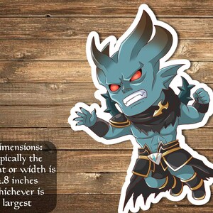 May include: A blue and black cartoon demon sticker with red eyes and horns. The demon is flying in the air with its arms outstretched. The sticker is approximately 2.8 inches in size.