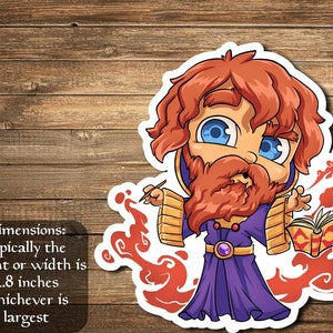 May include: A cartoon illustration of a wizard with a red beard and a purple robe holding a book. The wizard is surrounded by red flames. The image is approximately 2.8 inches in height or width.