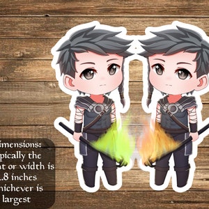 May include: Two cartoon characters with black hair and blue eyes, wearing dark clothing and holding a stick with flames at the end. The characters are approximately 2.8 inches tall. Dimensions: typically the height or width is 2.8 inches whichever is largest.