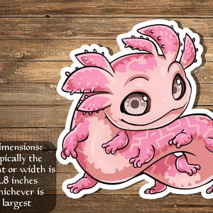 May include: A pink axolotl sticker with a white outline. The axolotl is curled up with its tail wrapped around its body. It has large, black eyes and a pink, patterned body. The sticker is approximately 2.8 inches in size.