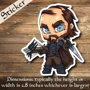 May include: A sticker featuring a cartoon character with a beard, holding a sword and a crossbow. The character wears a dark blue coat with a fur collar and brown pants. The sticker's height or width is typically 2.8 inches.