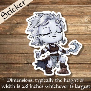 May include: A sticker featuring a cartoon character with gray skin, white hair, and closed eyes. The character is dressed in brown and gray attire and holds a silver weapon. The sticker's dimensions are typically 2.8 inches in height or width, whichever is largest.