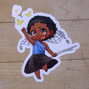 May include: A sticker featuring a cartoon illustration of a young person with brown skin, wearing a blue and black outfit, holding a stick with a net attached to it. The person is surrounded by yellow butterflies.