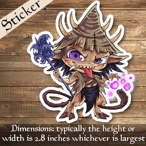May include: A sticker depicting a cartoon imp with purple eyes, horns, and a long tongue. The imp wears a hat and holds a staff with a blue, spiky top. The sticker's dimensions are typically 7.1 cm in height or width, whichever is largest.