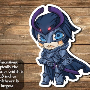 May include: A blue and purple cartoon character wearing armour and holding a sword. The character has a beard and a mask with red eyes. The character is 2.8 inches tall or wide, whichever is largest.