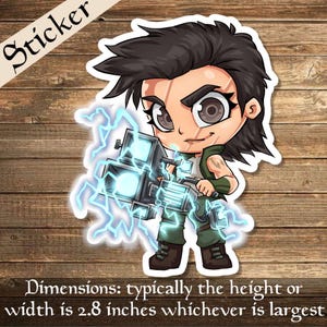 May include: A cartoon sticker of a person holding a large, blue, glowing weapon. The person has dark hair, brown eyes, and is wearing a green and brown outfit. The sticker is approximately 2.8 inches wide.