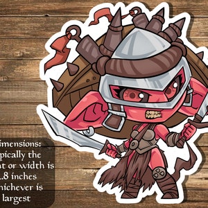 May include: A cartoon illustration of a red-skinned warrior with a helmet, holding a sword and shield. The warrior is wearing a brown leather skirt and has a fierce expression. The image is approximately 2.8 inches in height or width.