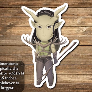 May include: A green-skinned, horned character with long black hair, wearing armor and holding a spear. The character is depicted in a chibi style, with a large head and small body. The image is a sticker with a white border.