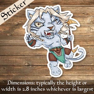 May include: A white and blue cartoon tiger with a fierce expression, wearing a brown and green loincloth, holding a spear. The sticker is approximately 2.8 inches wide.