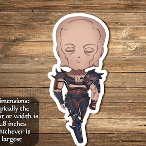 May include: A sticker of a cartoon character wearing dark armor and a helmet. The character has a pale skin tone and closed eyes. The sticker is on a wood background. Dimensions: typically the height or width is 2.8 inches whichever is largest.