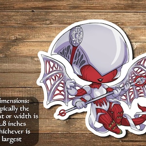 Puede incluir: Un personaje de dibujos animados blanco y rojo con alas y un bastón. El personaje tiene una cabeza grande con un casco blanco y ojos rojos. El personaje sostiene un bastón con un orbe rojo en el extremo. El personaje mide 2,8 pulgadas de alto.