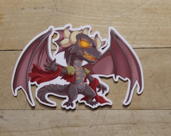 May include: A black and red dragon with yellow horns and glowing orange eyes. The dragon is wearing a red cape and has its wings spread out. The dragon is a cartoon style illustration.
