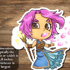 Könnte beinhalten: Eine Cartoon-Illustration einer pinkhaarigen Frau in einem blauen Kleid, die einen Stab hält. Sie bläst rosa Blasen. Das Bild ist auf einem Holzgrund mit dem Text "Abmessungen: in der Regel ist die Höhe oder Breite 2,8 Zoll, je nachdem, was größer ist".