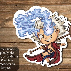 May include: A cartoon illustration of a wizard with white hair and a red robe. The wizard has a blue flame coming from their eye and is holding a staff with a glowing orb on top. The image is a sticker with a white border.