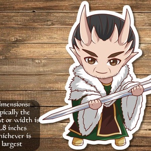 May include: A cartoon illustration of a character with horns, wearing a green and white robe, holding two silver swords. The character has a serious expression on their face. The image is a sticker with a white border.
